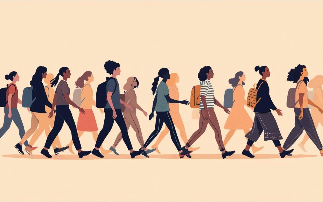 Illustrazione stilizzata di un gruppo di giovani che camminano insieme, rappresentati in modo inclusivo e dinamico, simbolo di movimento, partecipazione e crescita collettiva.